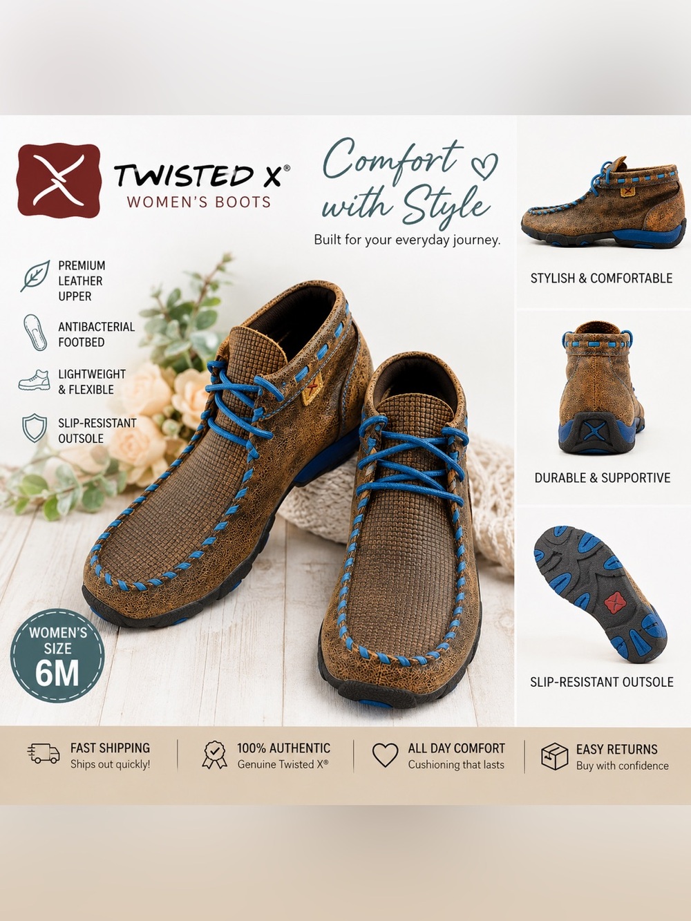 Twisted X Women’s Driving Moc Boots Brown Blue Leather Comfort Shoes Size 6M